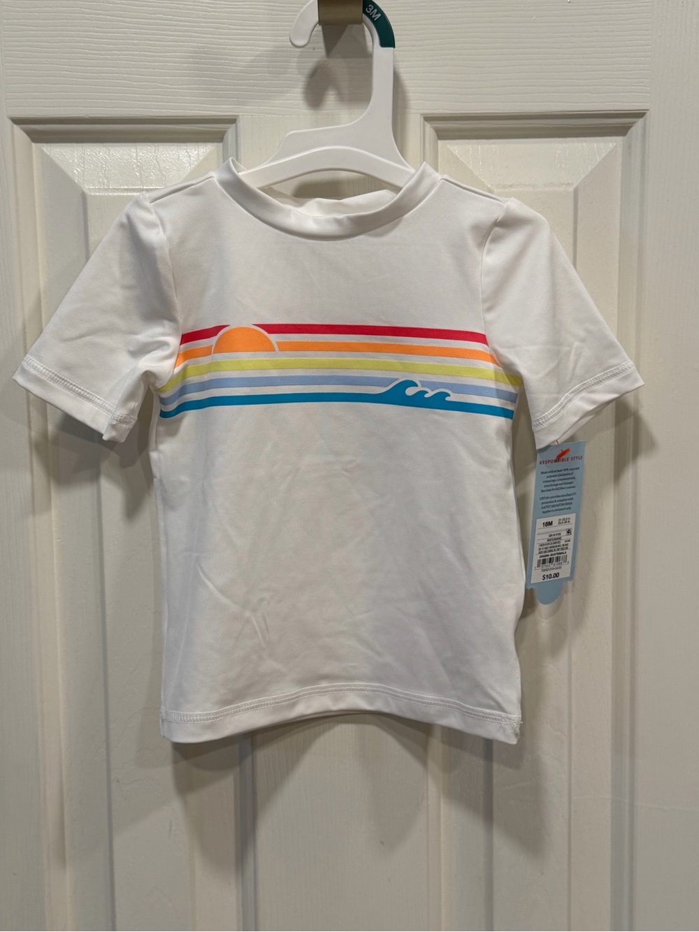 Cat & Jack 18M White Rainbow Rash Guard with Waves